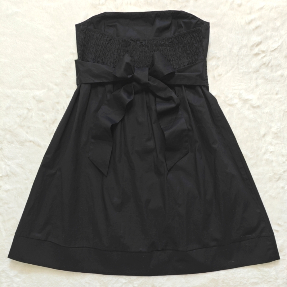 Krafty Size Large Black Strapless Mini Fit Flare Tie Bow Back Dress Stretch Full